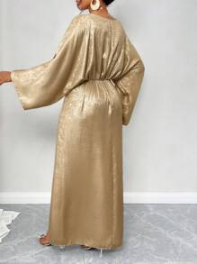 SOLERSUN 女式金属纹理蝙蝠袖连衣裙，适合新年节日派对服装，长款女装 - 金色 - 查看 2