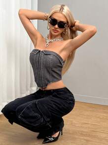 SHEIN SXY 水洗灰色 PU 摩托车短款背心 - 灰色 - 查看 5