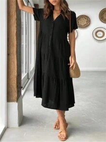 SHEIN LUNE 大码 V 领荷叶边下摆短袖优雅雪纺连衣裙