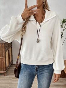 EMERY ROSE 女士纯色拉链羊毛连帽套头衫，宽松版型，休闲，秋冬 - 白色 - 查看 1