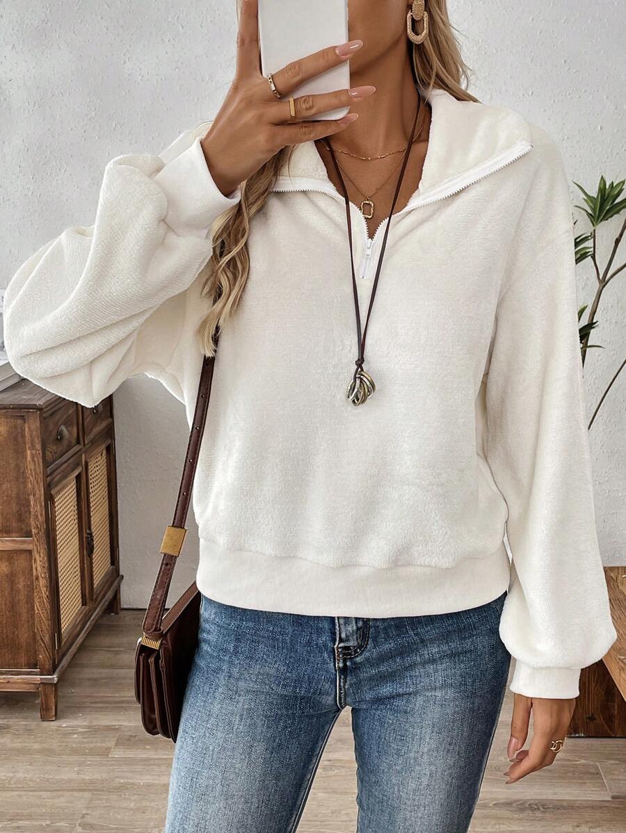 EMERY ROSE 女士纯色拉链羊毛连帽套头衫，宽松版型，休闲，秋冬 - 白色 - 查看 1