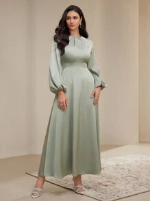 Veilorie Women's Elegant Solid Color Lantern Sleeve Long Dress, Spring & Autumn Modest - Green - View 6