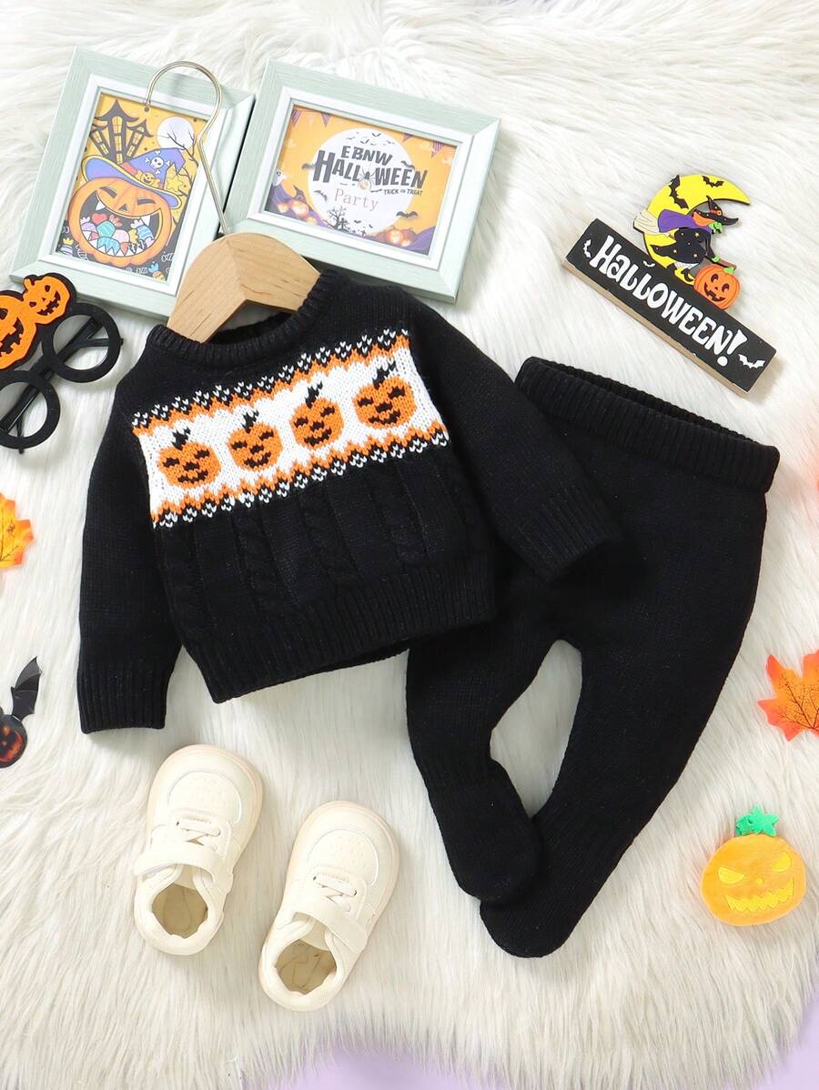2pcs/Set Baby Boy Fall Pumpkin Pattern Long Sleeve Sweater And Footie Pants Outfit For Halloween - Black - View 1