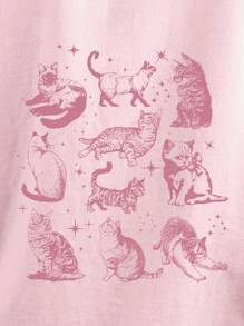 INAWLY 女式复古猫咪印花宽松落肩圆领休闲 T 恤，夏季图案 T 恤女式上衣