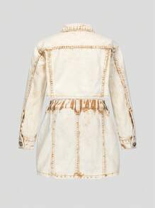 طقم جاكيت دنيم مغسول كاجوال بيج وتنورة قصيرة فتاة صغيرة 2 قطعة/مجموعة - كاكي - مشاهدة 2