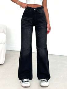 RueChic 100% Cotton HIGH RISE RIPPED WIDELEG BLACK JEAN - Black - View 6