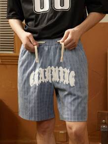 Manfinity Sport Corelite Pantalones cortos deportivos de estilo novio con cordón, bolsillo y estampado de letras a rayas - Celeste - Ver 5