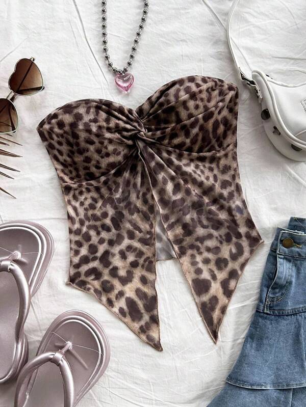Soleia Top fasciante con stampa leopardata casual e intrecciata, estivo