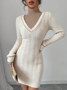 Calvaya Vestido de suéter elegante de manga larga con ajuste ceñido y bloque de color para mujeres, otoño/invierno