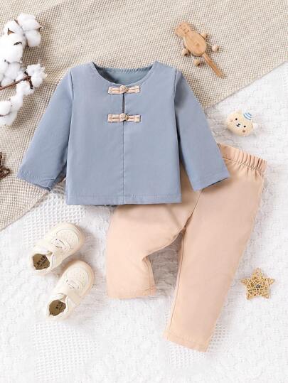 2 piezas/Conjunto Estilo Hanfu para bebés niños Parte superior de manga larga y pantalones de unicolor Suave y cómodo Atuendo casual adecuado para juego al aire libre en otoño e invierno, vacaciones, uso diario y viaje