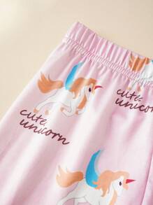 2pcs Young Girls Simple Pink Flying Horse Print Snug Fit Long Sleeve Top And Pants Homewear Set