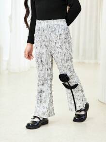 SHEIN 年轻女孩时尚经典休闲毛绒罗纹 3D 玫瑰点缀喇叭裤，舒适百搭，适合春、冬、秋季日常穿着、上学、居家 - 彩色 - 查看 5