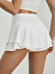 SHEIN Tall 女款針織純色荷葉邊裙褲，適合高個女性 - 白色 - 查看 2