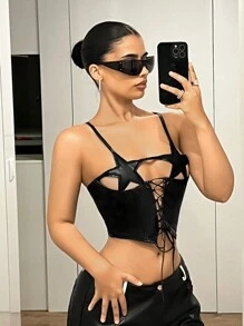 SHEIN ICON 合身款式五角星胸围交叉带装饰女式背心 - 黑色 - 查看 6
