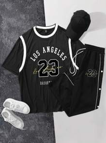 Aesthetic Post 男士休闲字母印花 T 恤和裤子套装，夏季 - 黑色 - 查看 1