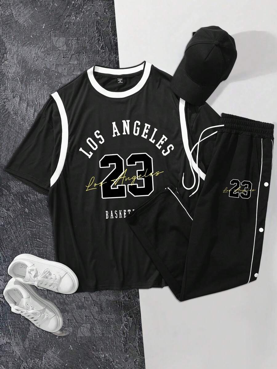 Aesthetic Post 男士休闲字母印花 T 恤和裤子套装，夏季 - 黑色 - 查看 1