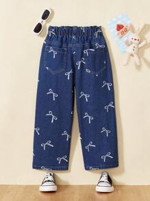 SHEIN Young Girls Casual Straight Leg Printed Denim Jeans - Dark Wash - View 2