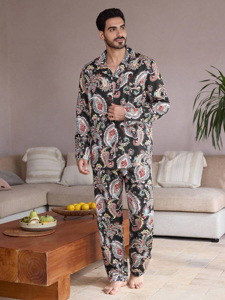 Manfinity ChillVibe Men's Paisley Print Long Sleeve Pajama Set - Multicolor - View 1