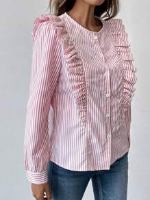 SHEIN ChicEase Áo sơ mi sọc hoa xếp nếp tay dài cài nút phía trước dành cho nữ, mặc thường ngày - Hồng - Xem 3
