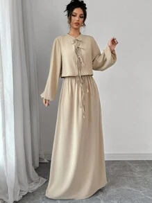 Firerie Women's Simple And Fashionable Vacation Romantic Elegant Front Tie Lantern Sleeve Loose Shirt And High-Waisted Drawstring Skirt Set Hawaii Back To School, Ladies Spring/Fall Casual Knot, Pocket Long Sleeve Loose Khaki Bishop Sleeve Skirt Women Two-Piece Outfits, Casual Daily Wear - Khaki - View 5