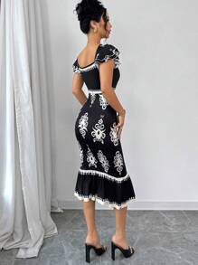 Firerie 女士优雅假日休闲印花方领荷叶边下摆紧身中长连衣裙，夏季