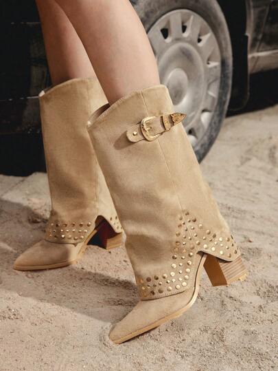 Styleloop Botas vaqueras de estilo punk decoradas con remaches, de moda para citas, fiestas y festivales de música