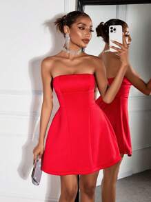 SHEIN SXY Red Summer Elegant Party Women Mini Dress,Tube Top A-Line Formal Prom Wedding Guest,Fall Holiday New Year Eve Outfit Clothes - Red - View 4