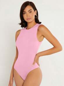 SHEIN BASICS Women's Round Neck Sleeveless Casual Solid Color Bodysuit - Pink - View 6