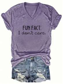 SHEIN EZwear CURVE Damen Große Größen Sommer Slogan bedrucktes V-Ausschnitt Kurzarm Lässig T-Shirt FUN FACT Ich kümmere mich nicht Grafik Oberteile für Frauen - Violett - Übersicht 1