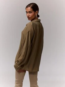 MUSERA Oversized Collared Button Up Blouse Vacation Spring Summer Holiday - Olive Green - View 2