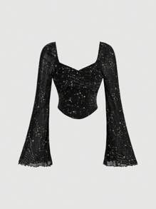 SHEIN MOD Camiseta de mujer de manga de campana con decoración de estrellas en negro y plateado, camiseta gótica, conjunto de mujer, top de manga larga de malla, camiseta de bruja/vampiro, conjunto de mujer para otoño, ropa hippie, conjunto de vaquera para mujer
