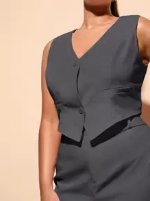 SHEIN BAE Conjunto de chaleco y pantalones de traje de una hilera de talla grande para mujer, con traje rosa y chaleco, conjunto de dos piezas, atuendos para maestras, ropa de negocios para mujeres - Gris Oscuro - Ver 6