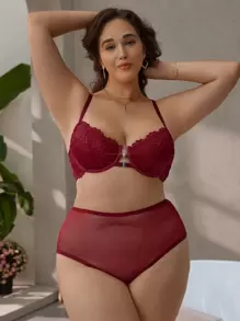 Plus Size Lingerie Set, Romantic & Simplistic Lace Patchwork Front Button, Comfortable Daily Wear - Burgundy - View 1