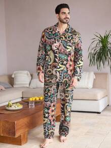 Manfinity ChillVibe Men's Botanical Print Single-Breasted Long Sleeve Top And Pants Pajama Set - Multicolor - View 3