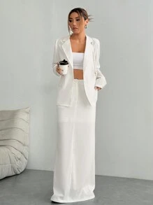 Flirla 1 conjunto: Chaqueta blazer de manga larga con cuello con muesca y botones delanteros de unicolor y falda mini