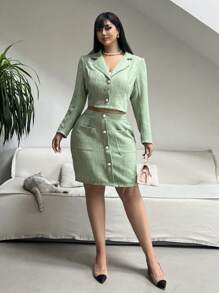 SHEIN Clasi Bộ vest nữ cỡ lớn mùa xuân hè, cổ ve áo, tay dài, cài cúc đơn, gồm áo khoác và chân váy, kiểu dáng thanh lịch, trang phục mùa thu cho phụ nữ. - màu xanh lá - Xem 3