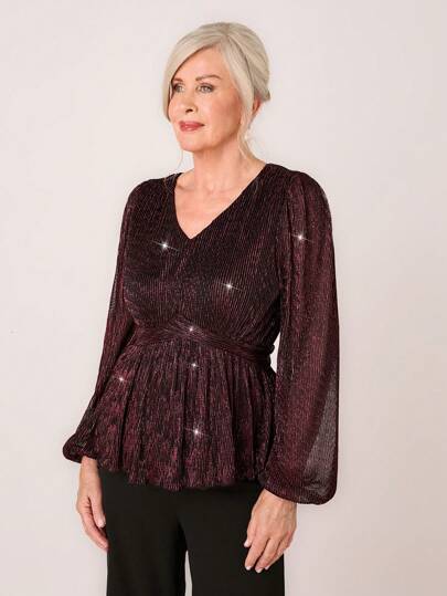 SHEIN LUNE Fall Women's Burgundy Elegant Party V-Neck Lantern Sleeve Blouse