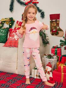 SHEIN Young Girl Santa Claus Element Fleece Pink Snug Fit Long Sleeve Top And Pants Home Pajama Set, For Christmas - Pink - View 6