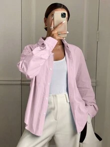 DAZY 女士纯色休闲长袖衬衫，适合日常穿着，春夏季 - 粉色 - 查看 1
