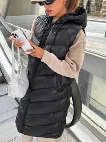 SHEIN Cottnline Damski jednolity kolor, kieszenie, bezrękawnik, kaptur, długi, swobodny płaszcz na zimę - Czarne - Zobacz 4