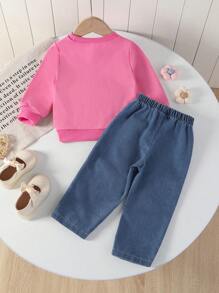 SHEIN 女宝宝休闲可爱秋冬印花牛仔裤套装