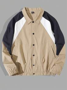Manfinity Homme Plus Size Men's Button-Up Long Sleeve Contrast Design Stylish Street Casual Jacket - Brown - View 3