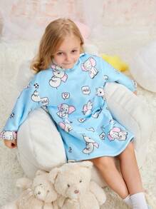 Young Girl Blue Minimalist Cute Elephant Print Long Sleeve Hooded Warm Pajama Nightgown Sleepwear