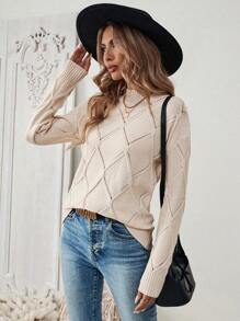 EMERY ROSE Jersey de cuello redondo beige de corte ceñido con manga larga y abertura para mujer, perfecto para otoño e invierno - Albaricoque - Ver 4