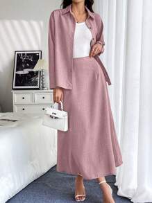 Chiquease 2 件套亚麻宽松休闲衬衫和裙子 - 粉色 - 查看 6