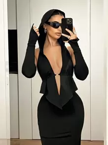 SHEIN ICON Women Black Clothes, Fall Two-Piece Set: Hooded Deep V Pointed Hem Backless Tie Sleeve Top & Low Waist High Slit Skirt