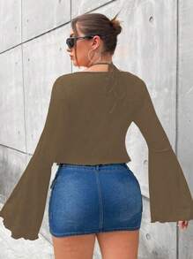 SHEIN MOOSTA Plus Size Solid Color Ruched Neck Long Sleeve Casual Lace Trim T-Shirt