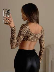 SHEIN ICON Blusa corta y sexy con estampado de leopardo para mujeres, estilo Y2K - Multicolor - Ver 2