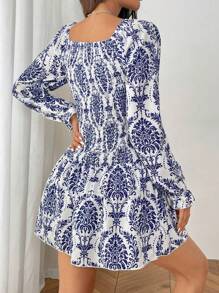 SHEIN Unity Women's Vacation Plant Print Round Neck Long Sleeve Ruffle Hem Short Fashionable Dress Fall Cloth For Women - Blue - View 2