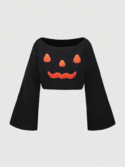 Goth Halloween Pumpkin Graphic Fuzzy Embroidered Sweater For Women